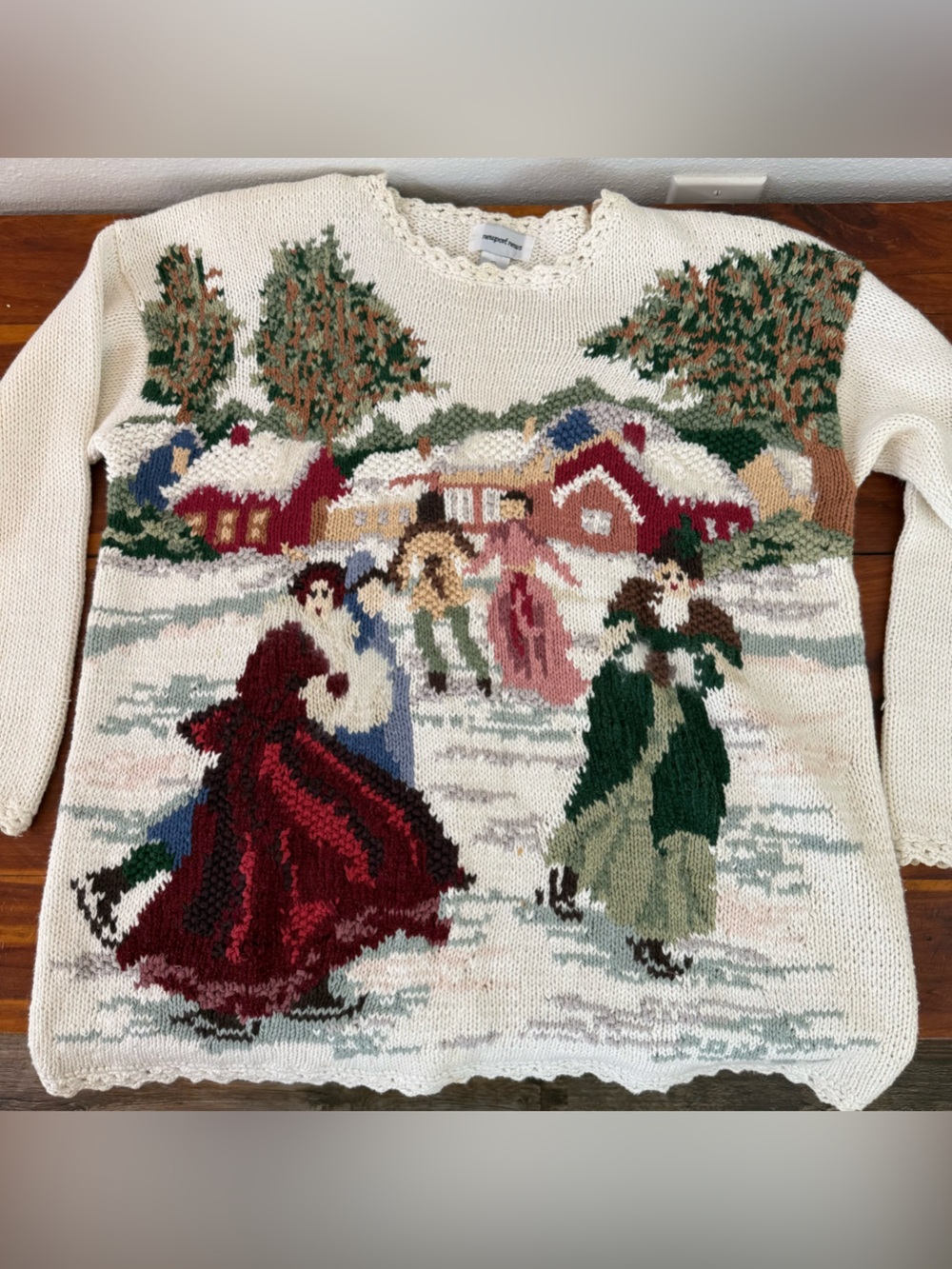Newport News Cream Scenic Knit Sweater with Green, Red and Brown Accents - Picture 4 of 4